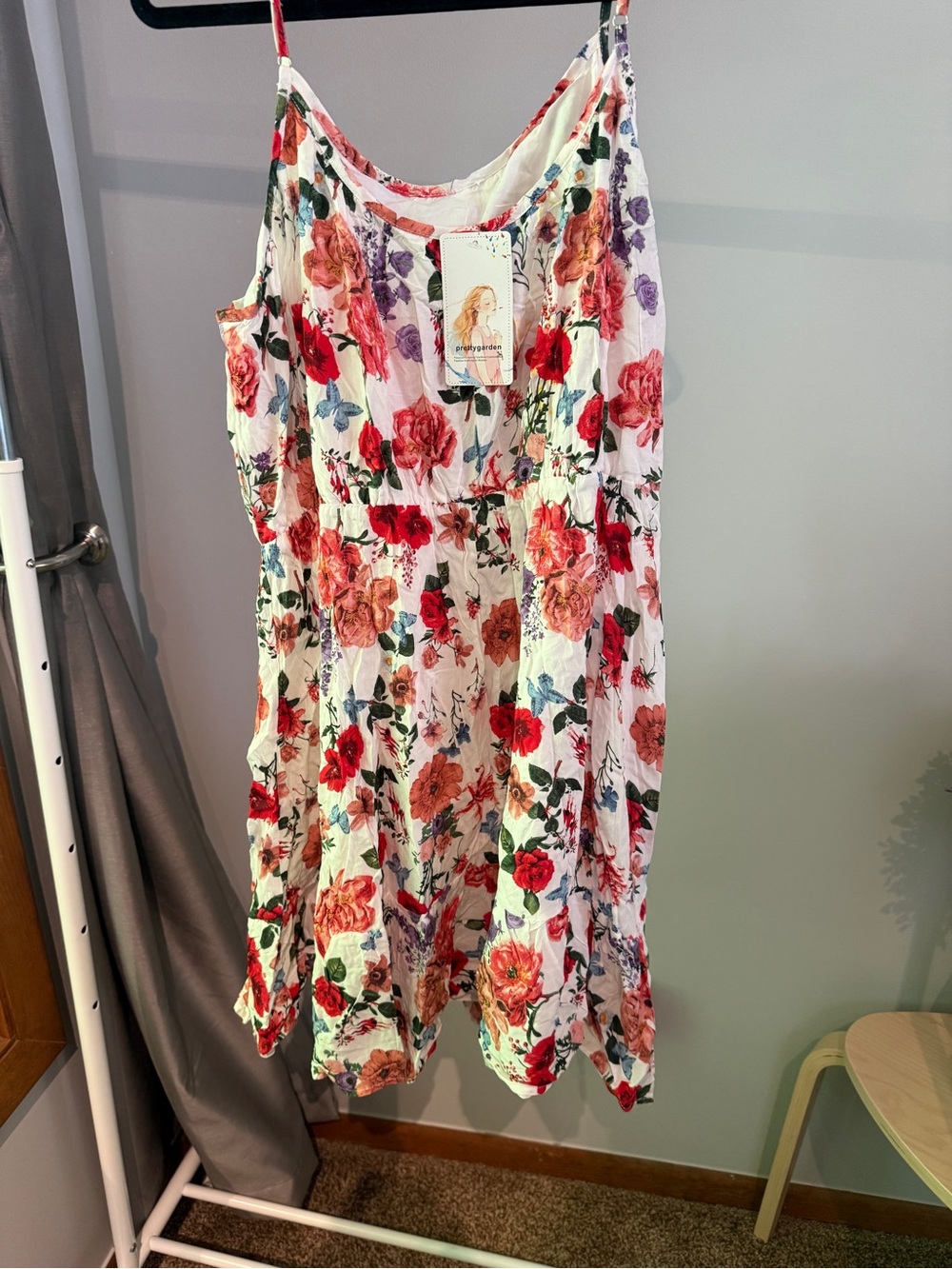 Prettygarden White Floral Dress with Red Roses and Purple Blooms